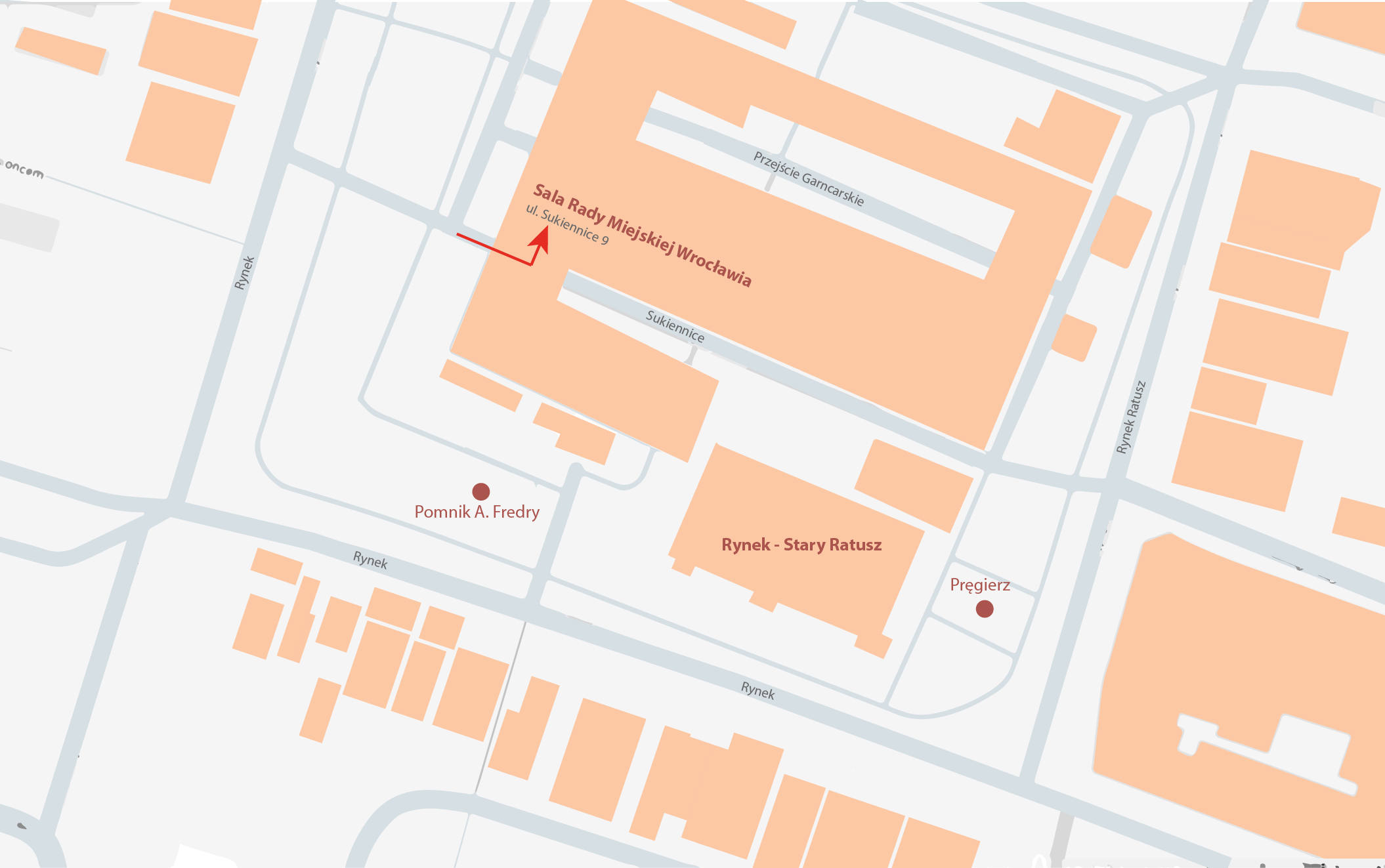 Mapa lokalizacji wystawy przy Sali Rady Miejskiej Wrocławia przy ul. Sukiennice 9