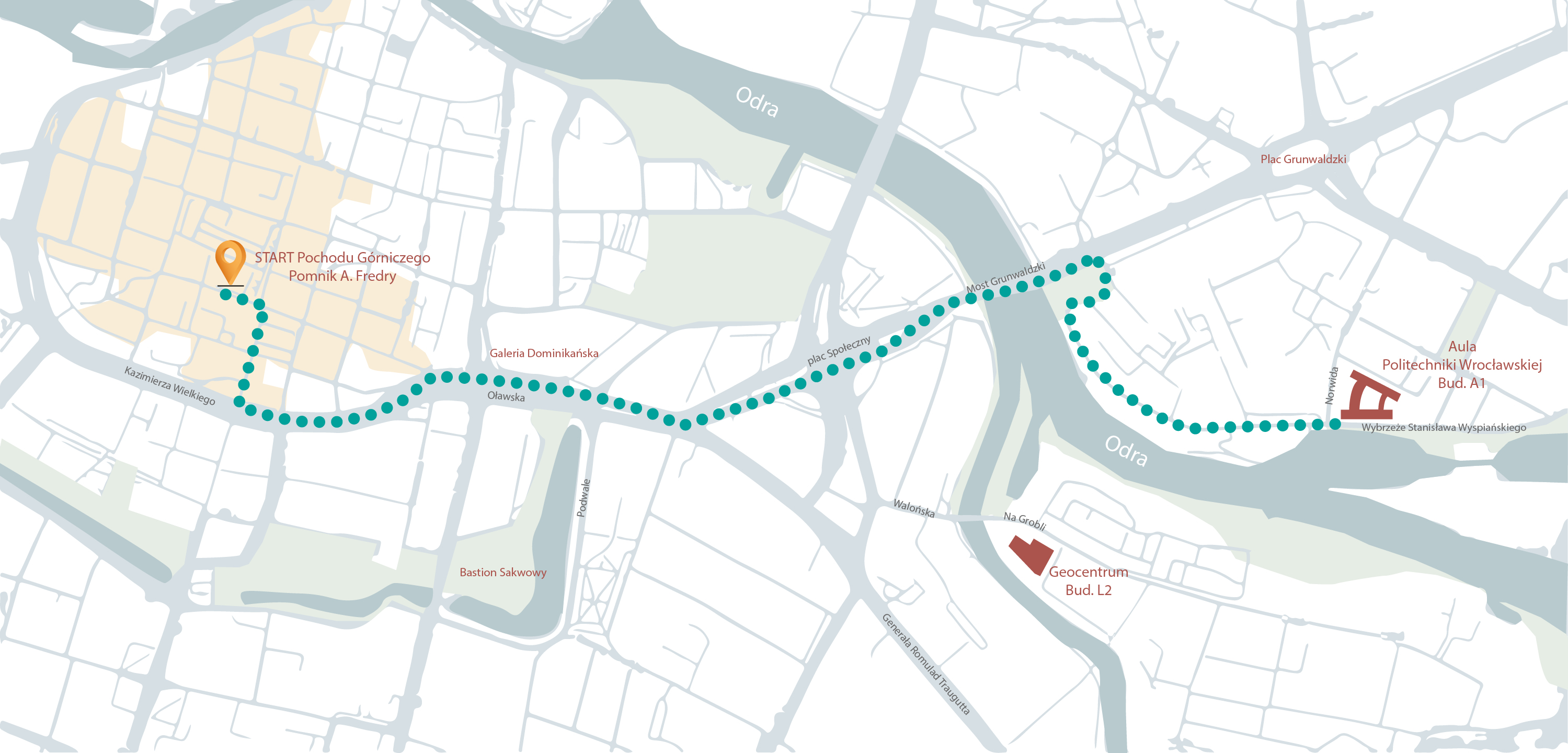 Mapa trasy pochodu górniczego od pomnika A. Fredry do budynku A-1 Politechniki Wrocławskiej