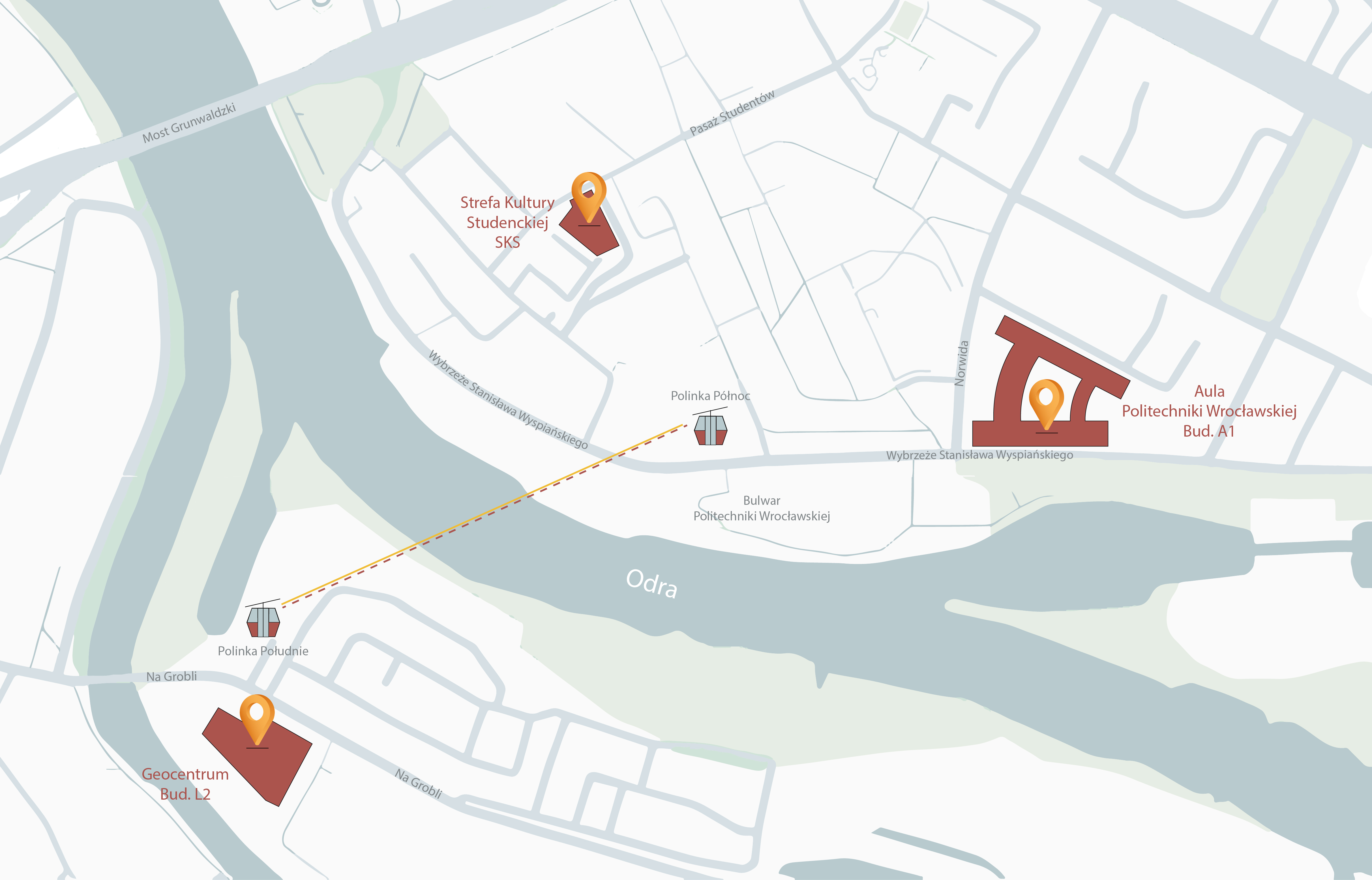 Mapa kampusu Politechniki Wrocławskiej z zaznaczoną Aulą Politechniki Wrocławskiej, Strefą Kultury Studenckiej i Geocentrum